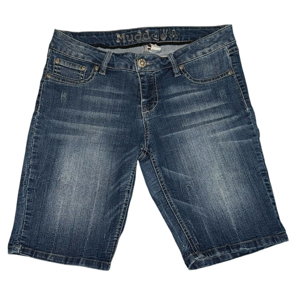 Mudd Bermuda Jean Shorts Size 9 Medium Wash Denim Distressed Stretch